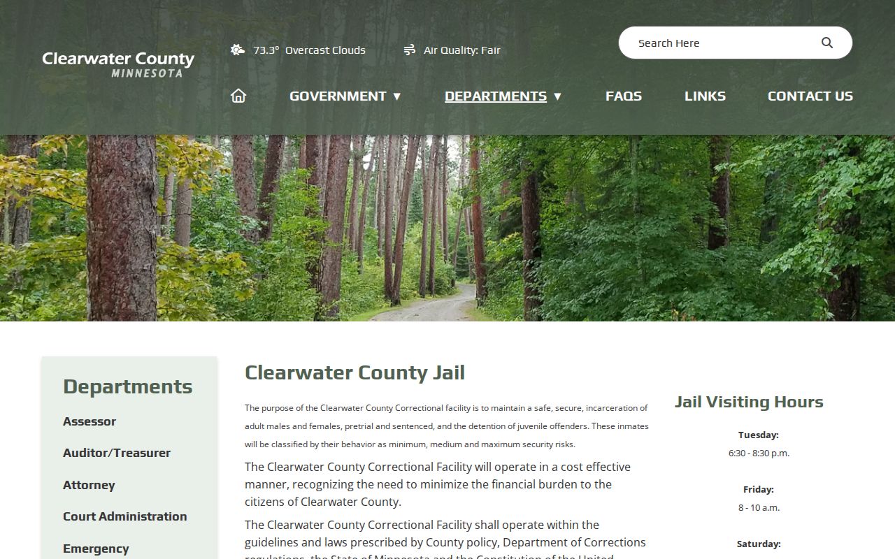 Clearwater County jail page in Bagley, Minnesota, where custody follows a Clearwater County arrest warrant
