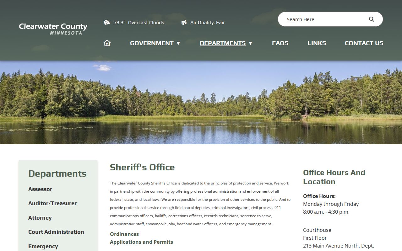 Clearwater County Sheriff's Office page, the office that publishes the active warrant list behind Clearwater County warrant records