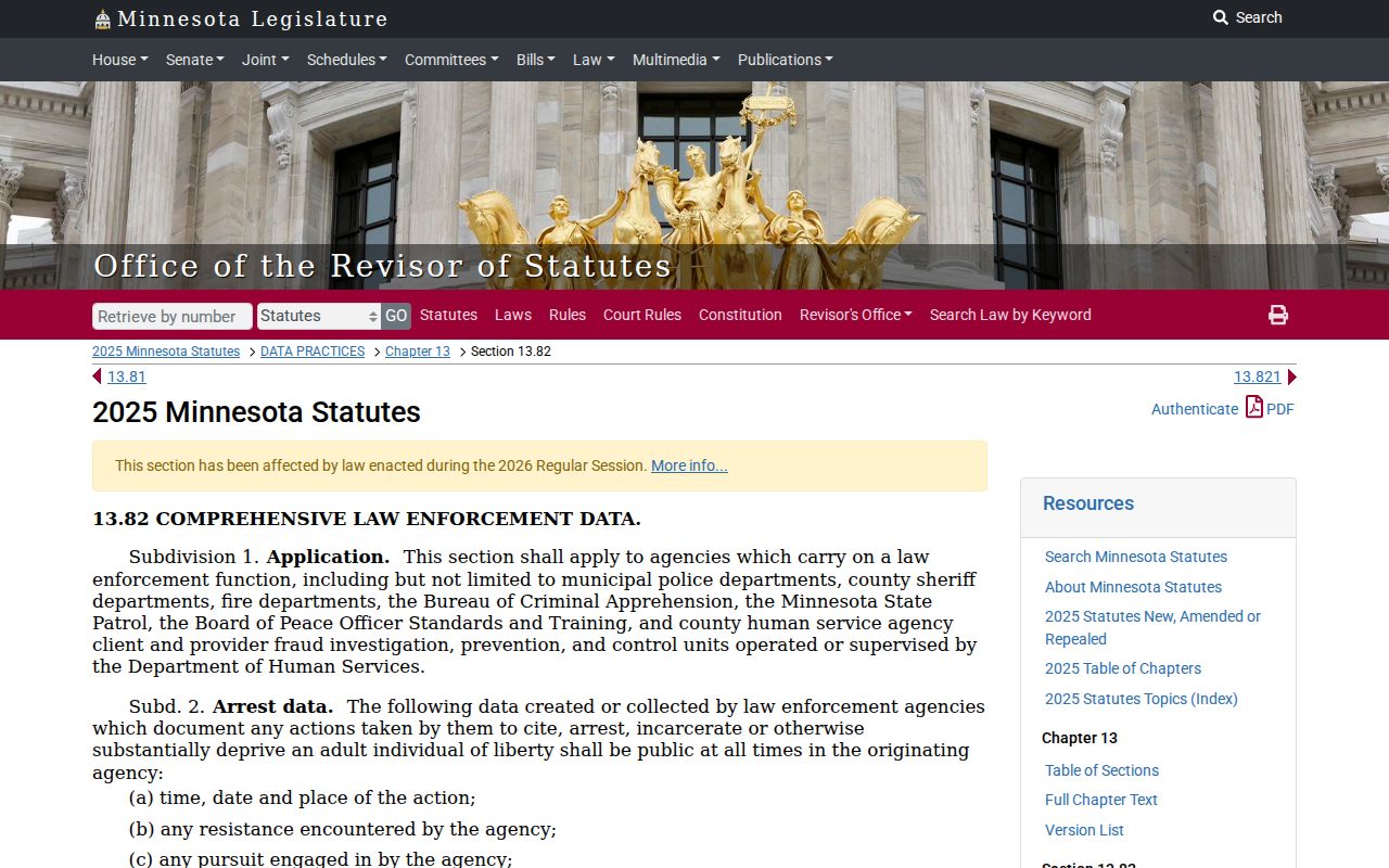 Minnesota Statutes 13.82 page covering public arrest data and Clearwater County warrant record classifications