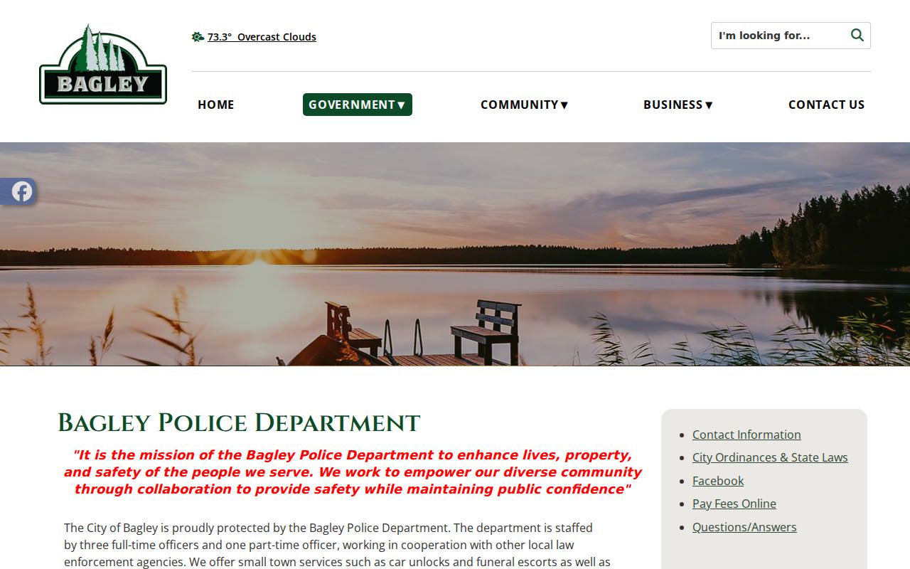 Bagley Police Department page listing the city police contact for Bagley warrant records questions