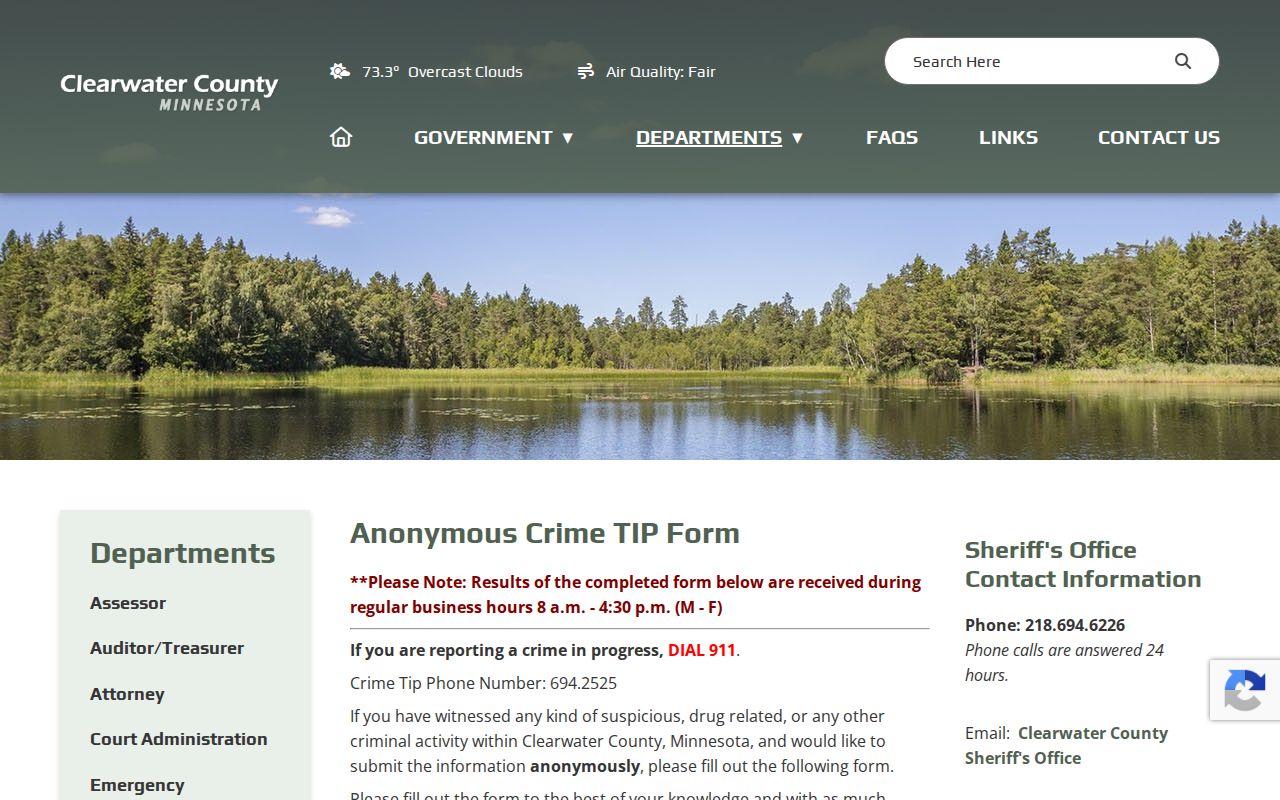 Clearwater County crime tip form page used for anonymous tips in Clearwater County warrant and fugitive matters