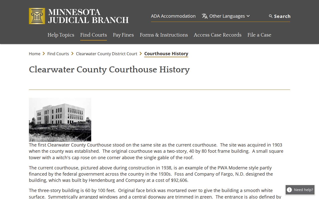 Clearwater County courthouse building in Bagley, Minnesota, where Clearwater County warrant records and court files are held