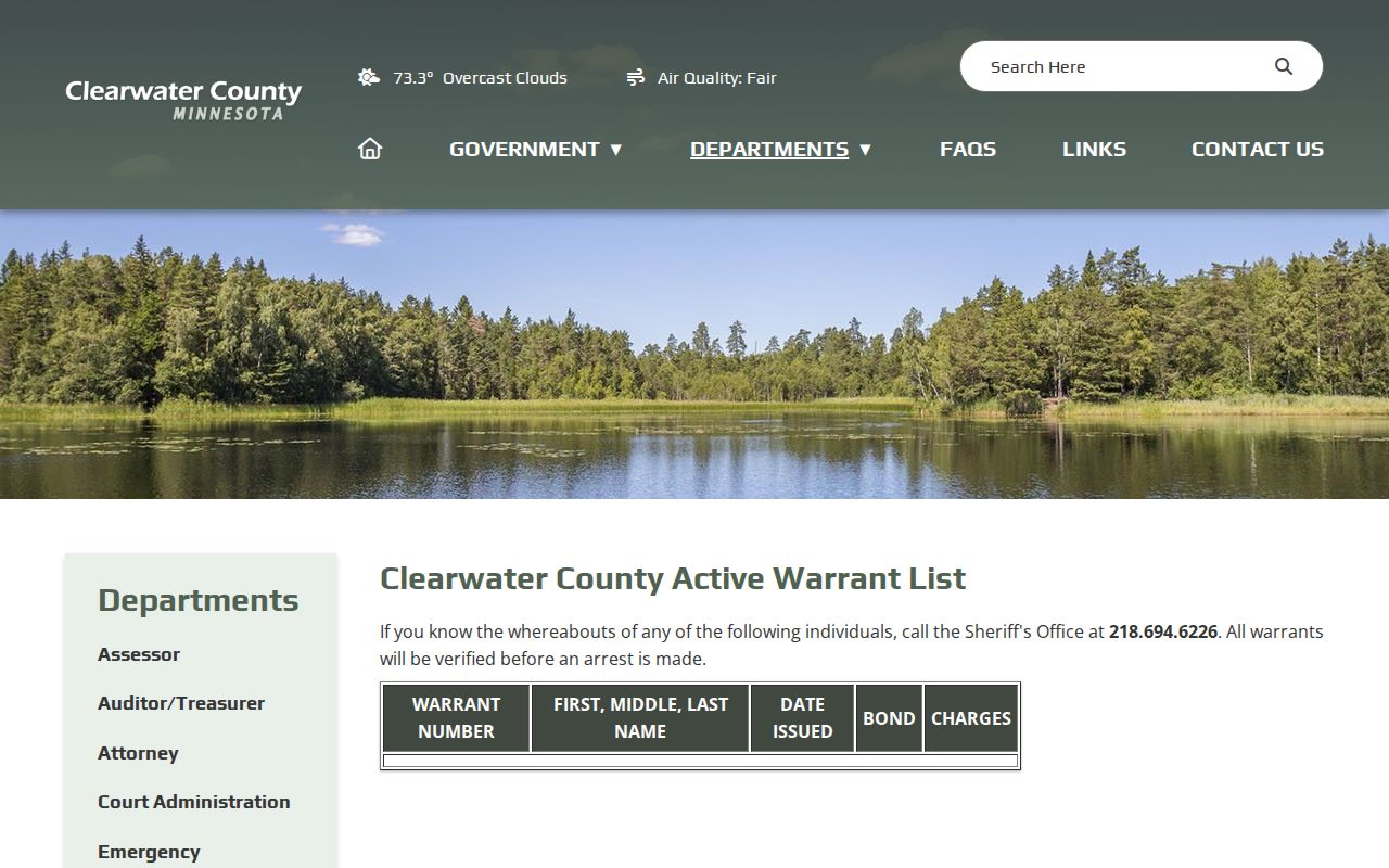 Clearwater County active warrant list page showing the county's published outstanding warrant table