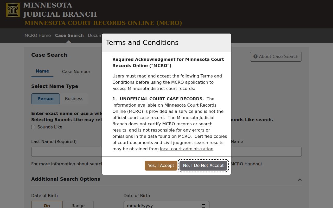 Minnesota Court Records Online search page used for Clearwater County warrant and case lookups
